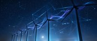 Wind turbines against starry night sky with digital network overlay and glowing connections, representing renewable energy technology and sustainable power generation.