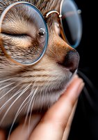 Close-up portrait of ginger cat wearing round blue glasses, showing nose and whiskers against dark background. Peaceful expression with closed eyes.