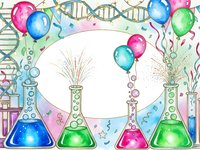 Science laboratory celebration with colorful balloons, test tubes, beakers and DNA strands for educational party themes and scientific achievement events.