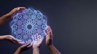 Hands holding glowing neon mandala symbol against dark background, representing spirituality, meditation, healing energy and mindfulness practices for wellness concepts.