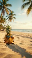 Cool pineapple character with sunglasses relaxing on tropical beach with palm trees and ocean waves for summer vacation and holiday concepts.