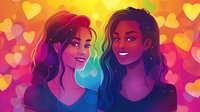 Two diverse young women smiling at each other with colorful hearts background in vibrant gradient neon colors, rainbow lighting effect creates romantic atmosphere.
