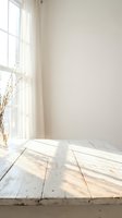 Bright minimalist interior with white walls and rustic wooden floor bathed in natural sunlight streaming through window with spring branches.