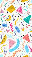Playful geometric shapes and squiggly lines in vibrant colors create seamless pattern on white background. Abstract Memphis style design with dots and doodles tiles seamlessly.