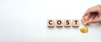 Hand placing wooden blocks spelling COSTS with dollar coin on white background for business finance and expense management concepts.