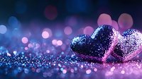 Two glittering hearts on sparkly surface with dreamy bokeh lights in purple and blue tones, romantic atmosphere for Valentine's day and love concepts.