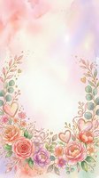 Watercolor floral frame with roses, peonies, and botanical elements featuring hearts and gold accents on soft pink and lavender background, isolated for greeting cards and invitations.