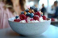 Fresh mixed berries with whipped cream and granola in white ceramic bowl, shallow depth of field close-up shot highlighting vibrant fruit colors and textures.