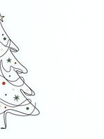 Minimalist line art Christmas tree with scattered ornaments and stars on white background, isolated design element for holiday greeting cards and festive projects.