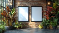 Empty white frames on rustic brick wall with tropical plants and dramatic lighting, creating modern interior garden atmosphere with natural decor elements.