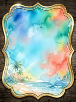 Tropical beach landscape with watercolor gradient sky transitioning from blue to coral, palm trees, ocean waves, and golden ornate frame border on wooden background. Isolated design element.