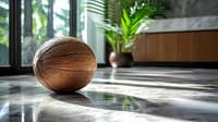 Wooden sphere resting on polished floor in modern interior space with natural light, potted plants, and contemporary architecture for design and decor projects.