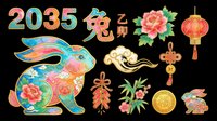 Colorful Chinese New Year 2035 rabbit with floral patterns, lanterns, and traditional decorative elements isolated on transparent background for t-shirt design, clipart, and print-on-demand projects.