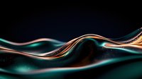 Flowing liquid metal waves in turquoise and copper colors create abstract landscape on dark background with glowing particles and smooth reflective surface.