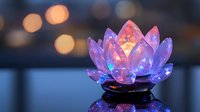 Glowing crystal lotus flower in pink and purple hues on dark background with bokeh lights creates magical atmosphere for meditation and spiritual practices.