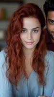 Young Caucasian woman with long wavy red hair and green eyes smiling at camera with male partner in background, casual indoor portrait for lifestyle content.
