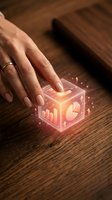 Woman's hand touching glowing holographic cube displaying financial charts and analytics on wooden surface for business data visualization and technology concepts.