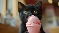 Adorable black kitten with green eyes licking pink ice cream cone against blurred background, capturing a sweet moment of feline curiosity.