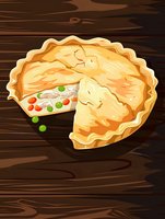 Homemade chicken pot pie with golden flaky crust, filled with tender meat, carrots and peas, one slice removed showing creamy filling on rustic wooden background.