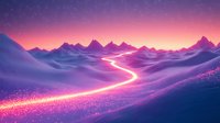 Glowing neon path winding through purple mountain landscape at sunset with magical sparkles and vibrant pink horizon, creating surreal fantasy scenery.