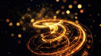 Golden energy spiral with glowing particles and bokeh lights on dark background for futuristic technology and abstract design projects.