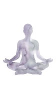Silhouette of a woman meditating in lotus position with watercolor texture in purple tones, isolated on white background for wellness and yoga design projects.