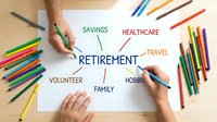 Hands creating retirement planning mind map with colorful markers on white paper showing financial goals including savings healthcare travel.