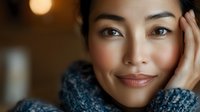Young Asian woman with natural makeup and gentle smile wearing cozy blue knit sweater, resting head on hand against warm blurred background. Soft portrait lighting creates intimate mood.