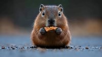 Adorable brown squirrel sitting on ground eating nut with chubby cheeks and curious expression against dark blurred background, wildlife photography closeup.