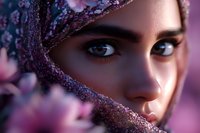 Close up portrait of Middle Eastern woman with intense gaze through purple spring blossoms, dramatic lighting highlights natural beauty and mysterious atmosphere.