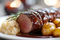Juicy pork tenderloin glazed with balsamic reduction, served with roasted baby potatoes and cauliflower, garnished with fresh rosemary on white plate.