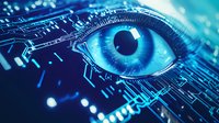 Digital eye with circuit pattern overlay in vibrant blue tones represents artificial intelligence, machine learning, and future technology surveillance concepts.