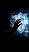 Hand reaching toward glowing digital shield hologram representing cybersecurity protection and data privacy in futuristic technology environment.