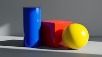Vibrant geometric shapes including blue cylinder, red cubes, and yellow sphere arranged on white surface with shadows for design and graphics projects.