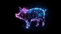 Glowing constellation pig silhouette with sparkles and stars in blue and purple neon colors against dark background, magical zodiac animal art.