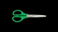 Scissors with green plastic handles and stainless steel blades, isolated on transparent background, ready for clipart, stickers, t-shirt design, and print on demand use.