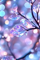 Crystal leaves glowing with magical blue and pink bokeh lights creating dreamy ethereal atmosphere for fantasy and fairy tale designs.