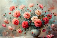 Romantic coral and pink roses arrangement in ceramic vase against soft pastel background, featuring delicate petals and green foliage in classic still life style.