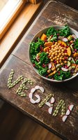 Vegan salad bowl with kale, chickpeas, roasted squash, pomegranate, and radish on rustic wood, with word vegan spelled in seeds.