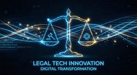 Digital scales of justice with glowing network connections representing legal technology innovation and digital transformation in law practice.