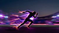 Athletic runner silhouette in motion with dynamic purple energy trails and light effects against dark background for sports and fitness concepts.
