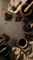 Aromatic spices and coffee beans arranged with wooden spoons and mortar pestle on dark surface for culinary cooking and food preparation concepts.