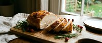 Sliced roasted meat loaf with golden crust on wooden cutting board, garnished with fresh rosemary and cranberries, styled for culinary and food photography.