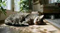 Tabby cat sleeping peacefully on wooden floor in sunlit room with houseplants and natural window light creating cozy domestic atmosphere.