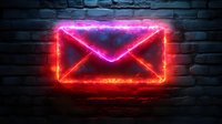 Glowing neon mail envelope sign on dark brick wall background, bright red and pink colors creating modern communication symbol with electric effect.