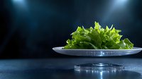 Fresh green lettuce leaves floating on white plate against dark background with dramatic lighting and reflective surface. Perfect for food photography and menu design.
