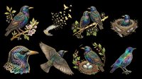 Colorful starling birds set with nests, eggs, and floral elements, isolated on transparent background, ready for stickers, sublimation, t-shirt design, and print on demand.