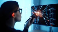 Young woman in glasses examining electrical circuit with sparks flying from connection point in dark technology laboratory environment.