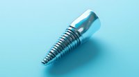 Dental implant screw made of titanium alloy on blue background, modern dentistry and oral surgery concept for medical and healthcare designs.