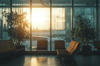 Modern office interior with glass walls and warm sunlight streaming through windows creating professional workspace atmosphere for business meetings.